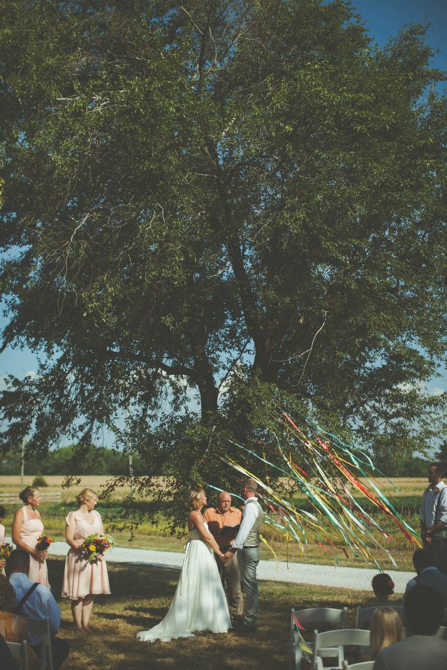 Children playing outdoors near a large tree with colorful ribbons.